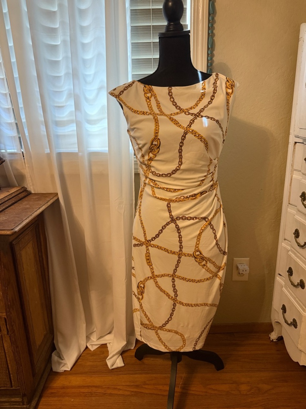 Lauren Ralph Lauren Y2K Ivory Midi Dress Lined with Gold Chain Print see pic